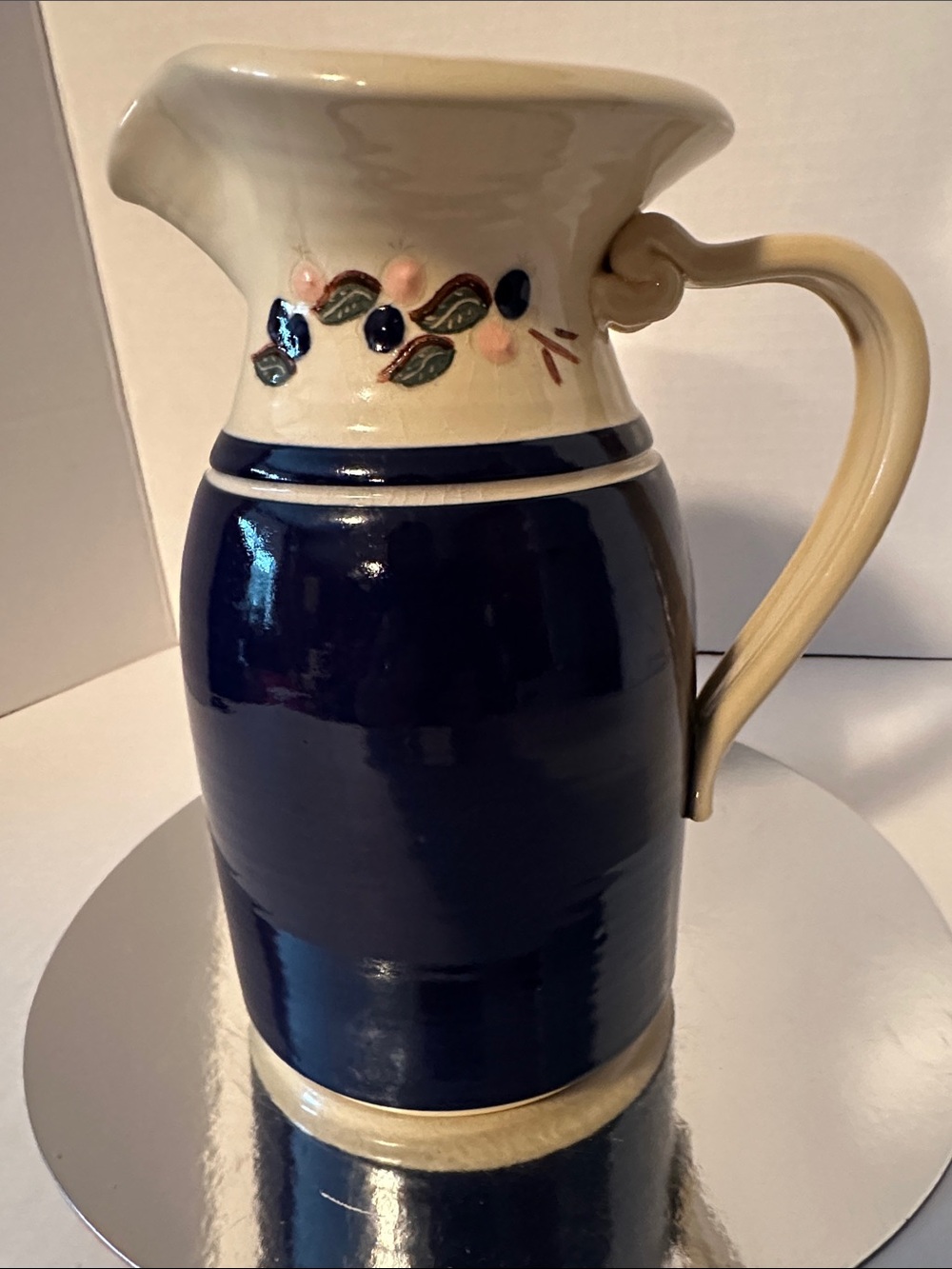Vintage Hand-Painted Ceramic Pitcher - Navy and Cream Home Art